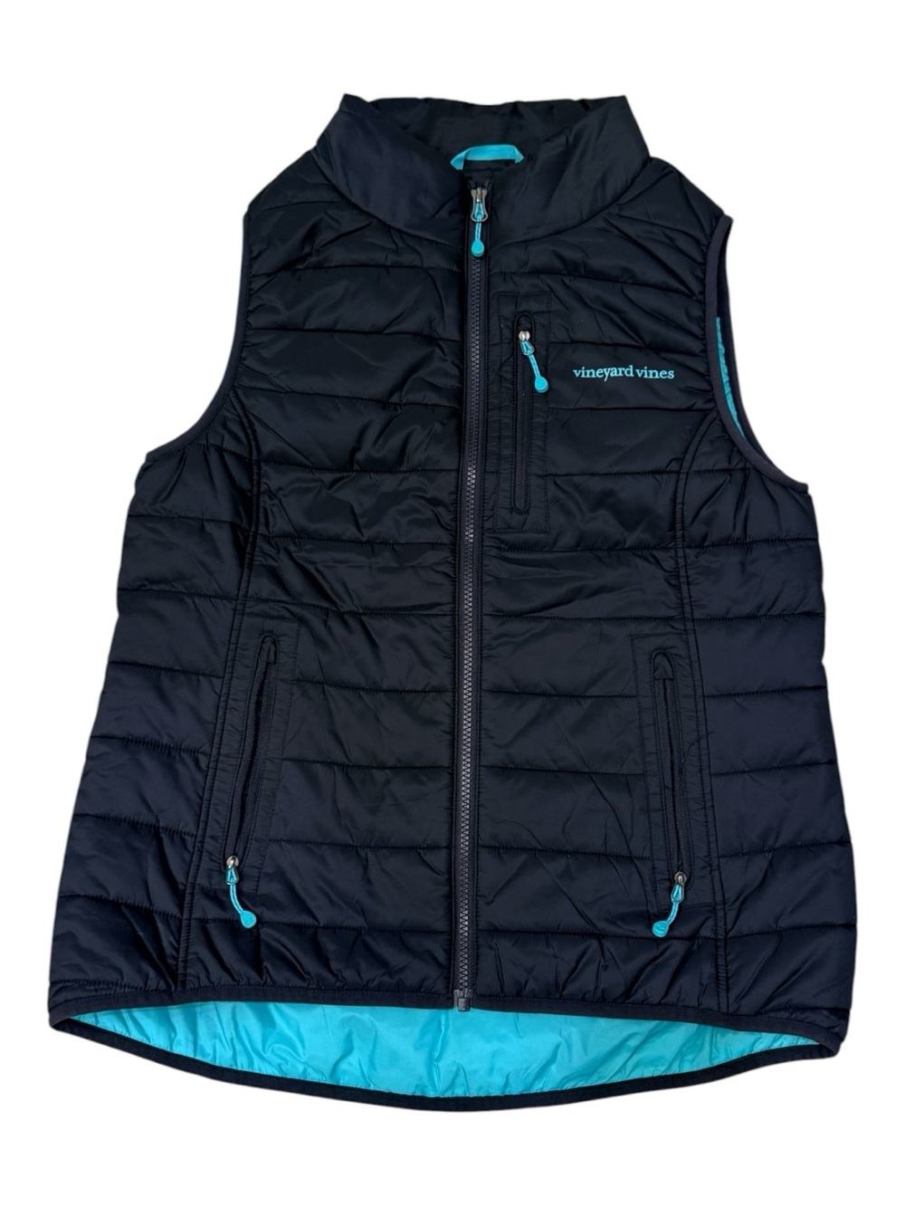 Vineyard Vines Black Quilted Vest with Turquoise Accent